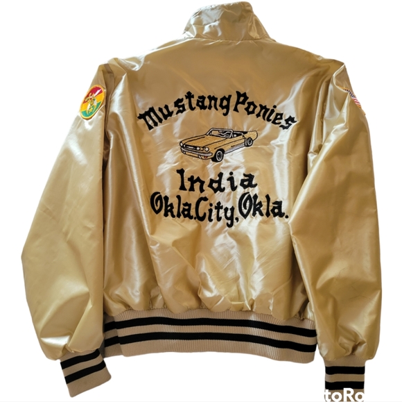 DeLONG Sportswear Other - Vintage 80s Gold Satin Mustang Ponies India Oklahoma Shriner Bomber Jacket *sz L
